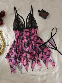 Seduluxe 2pcs/Set Camisón Sexy para Mujer Talla Grande con Encaje, Malla de Contraste, Color de Contraste y Botones Delanteros - Multicolor - Ver 2