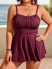 Swim Lushoire Plus Size Women 2pcs Solid Color Spaghetti Strap Minimalist Fashion Separate Two Pieces Tank Bikini Swimsuit - Burgundy - View 4