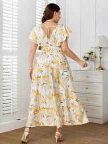 Reflora Plus Size Women's Vacation Floral Print Ruffle Short Sleeve Elegant Multi-Layered Ruffle Hem Dress All White Summer Party Wedding Guest - Yellow - View 2