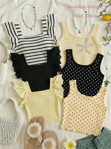 SHEIN [Randomly Select 6 Groups, Send 1 Groups]! Surprise Gift Package!!Surprise Box !! Young Girl Striped Square Collar Cap Sleeve Knit Top,Ruffle Trim Ho - Multicolor - View 3