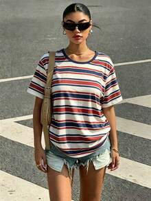 SHEIN EZwear Casual Minimalist All-Over Print Off-Shoulder Loose Short Sleeve T-Shirt For Women,Summer Top - Multicolor - View 6