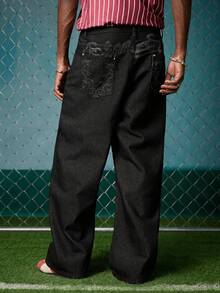 EVRINFINITE Jeans anchos y sueltos con bordado de moda casual para hombres - Negro - Ver 1