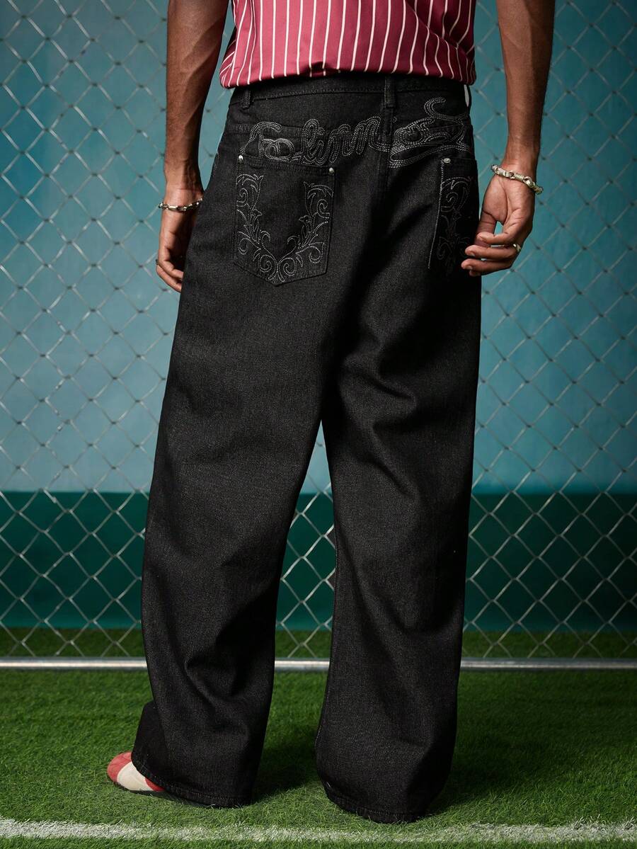 EVRINFINITE Jeans anchos y sueltos con bordado de moda casual para hombres - Negro - Ver 1