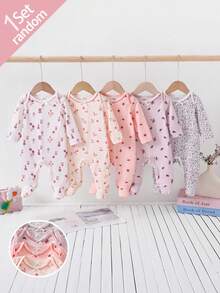 [Random 5 Sets, 2 Sets Sent] Newborn 0-12 Months Home Jumpsuit, Forest Style Ditsy Floral With Chain Craft Contrast Color, Fresh Style, Long Sleeve Footed, Open Crotch Snap Design, Easy To Put On And Take Off, Home Leisure, Daily Outings, Spring And Summer, All Seasons - Multicolor - View 7