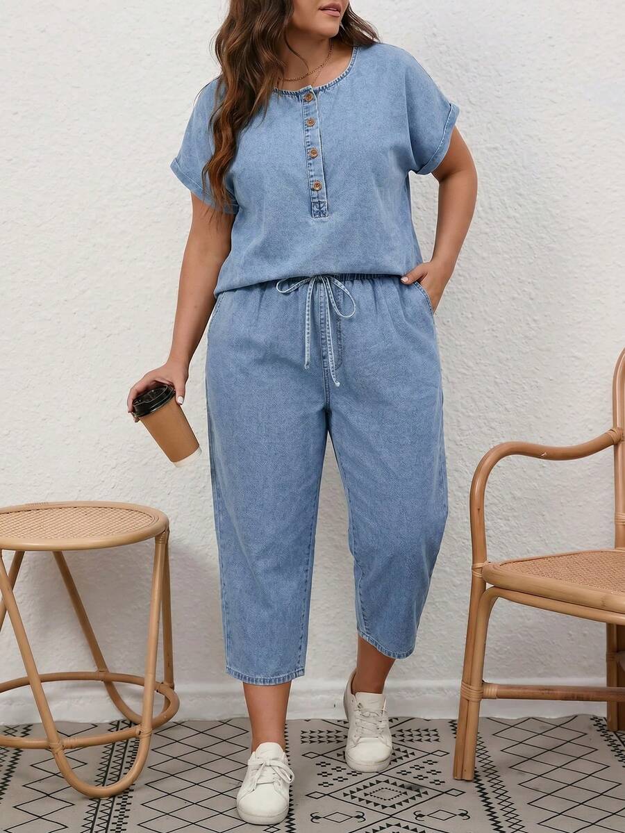 SHEIN EMERY ROSE CURVE 女款寬鬆大尺碼單排扣短袖牛仔上衣與長褲兩件套 - 藍色 - 查看 1