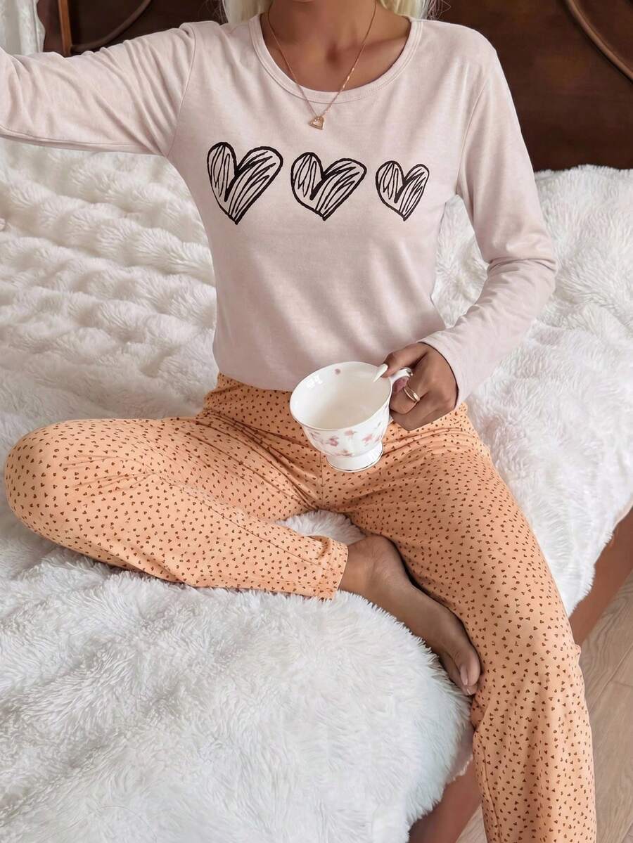 100% Cotton 2Pcs Heart Printed PJ Set - Baby Pink - View 1