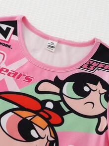THE POWERPUFF GIRLS X SHEIN GraphicGems 2pcs Tween Girl Comfortable Round Neck Cartoon Print Short Sleeve Top And Shorts Summer Pajama Set - Pink - View 4