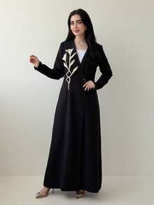 Yasmeen Edit Yasmeen Edit 1pc Women's 3D Flower Decor Abaya With Single Button, Elegant Maxi Full Length Modest Long Sleeve Abayas, Robe Black - Black - View 5