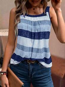 EMERY ROSE Holiday Casual Color Block Striped Tank Top Graphic Tees Women Tops - Blue - View 6