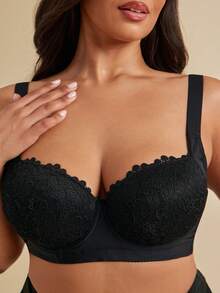 SHEIN BAE CURVE 加大码舒适无缝钢圈加厚可调节文胸，单件装内衣，提升 - 黑色 - 查看 7