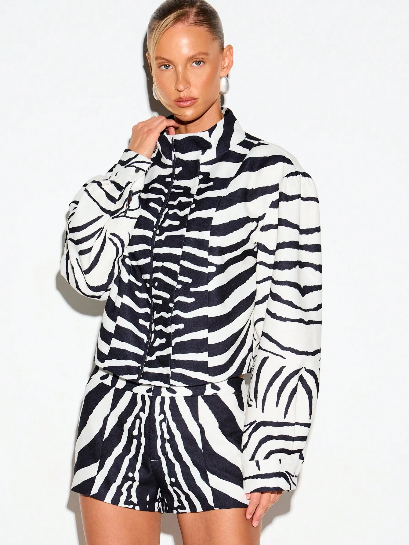 Zebra Print Funnel Neck Boxy Cropped Jacket