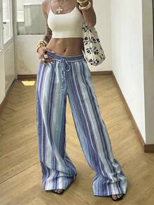 Glamine Women's High-Waist Striped Linen Wide Leg Pants, Beach Vacation Casual Countryside Style, Elegant And Natural, Random Floral Pattern, Summer Fall Women Clothes Back To School, Tall Women - Blue - View 7