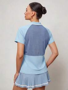 Activina Women's Contrast Color Lapel Short Sleeve Sports Polo Shirt Suitable For Sports And Fitness - Baby Blue - View 2