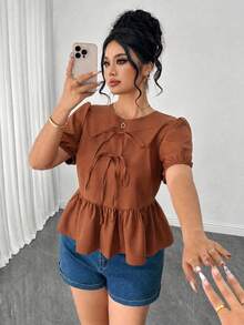Elenzga Plus Size Women's Summer Solid Color Round Neck Puff Short Sleeve, Front Bow Tie, Cropped Ruffle Hem Blouse - Brown - View 6