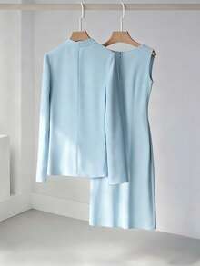 Franclia Plus Size Women's Spring/Autumn Elegant Set Elegant High-End Blazer Round Neck Beaded Sleeveless Dress 2 Pieces Set Wedding Brunch Light Blue Fall - Baby Blue - View 2