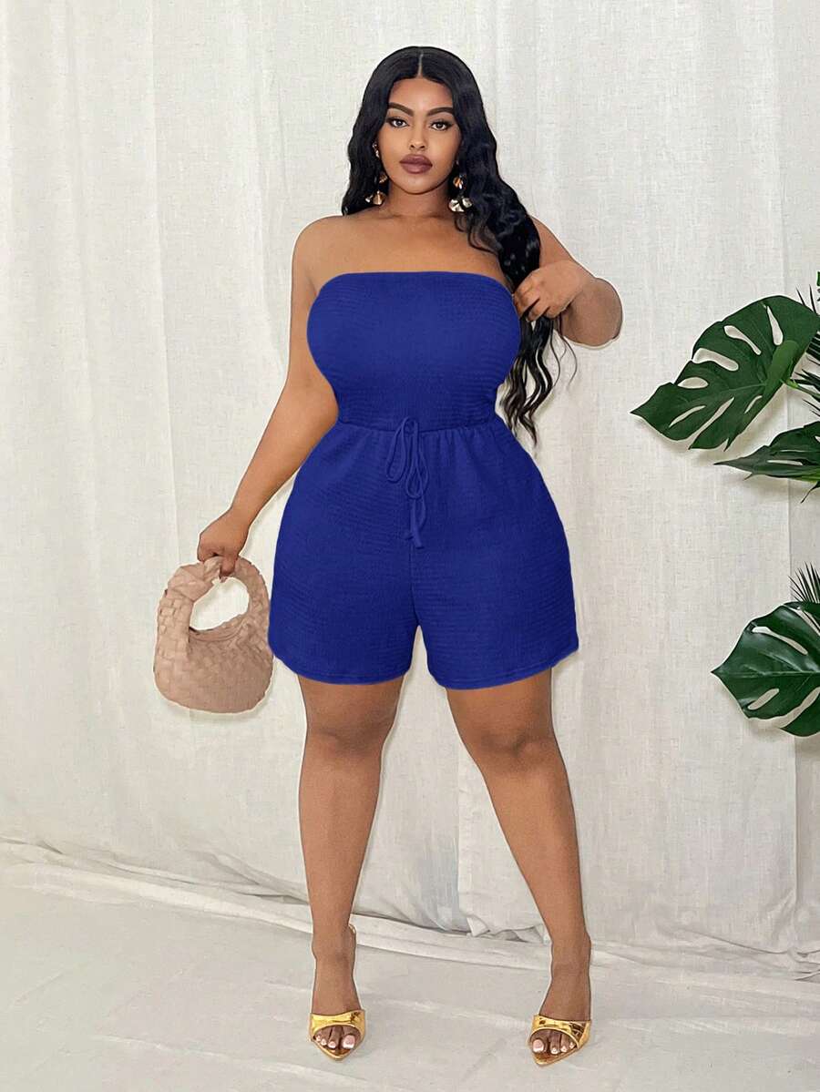 Veslaya Mono sin mangas de talla grande para mujer, color verde liso, ajuste ceñido, decoración de cuerda, tela de punto texturizada, uso casual de vacaciones, primavera/verano - Azul - Ver 1