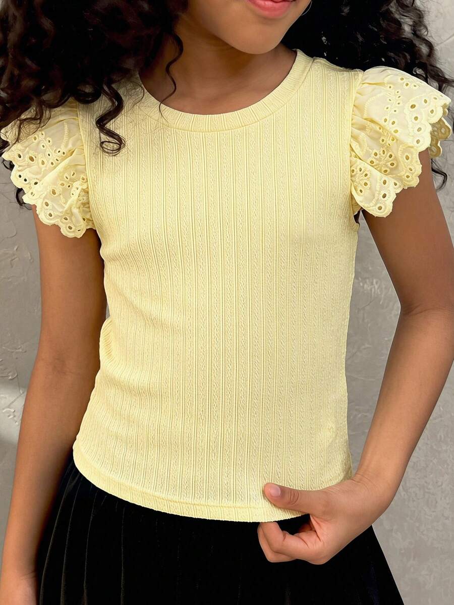 SHEIN 少女休閒簡約舒適圓領短袖紋理面料T恤 - 黃色 - 查看 1