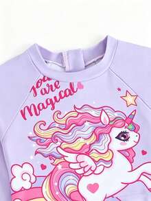 Baju Renang Tankini Lengan Panjang dan Celana Panjang Motif Unicorn untuk Anak Perempuan, Perlindungan Matahari Cocok untuk Liburan - Mauve Purple - View 6