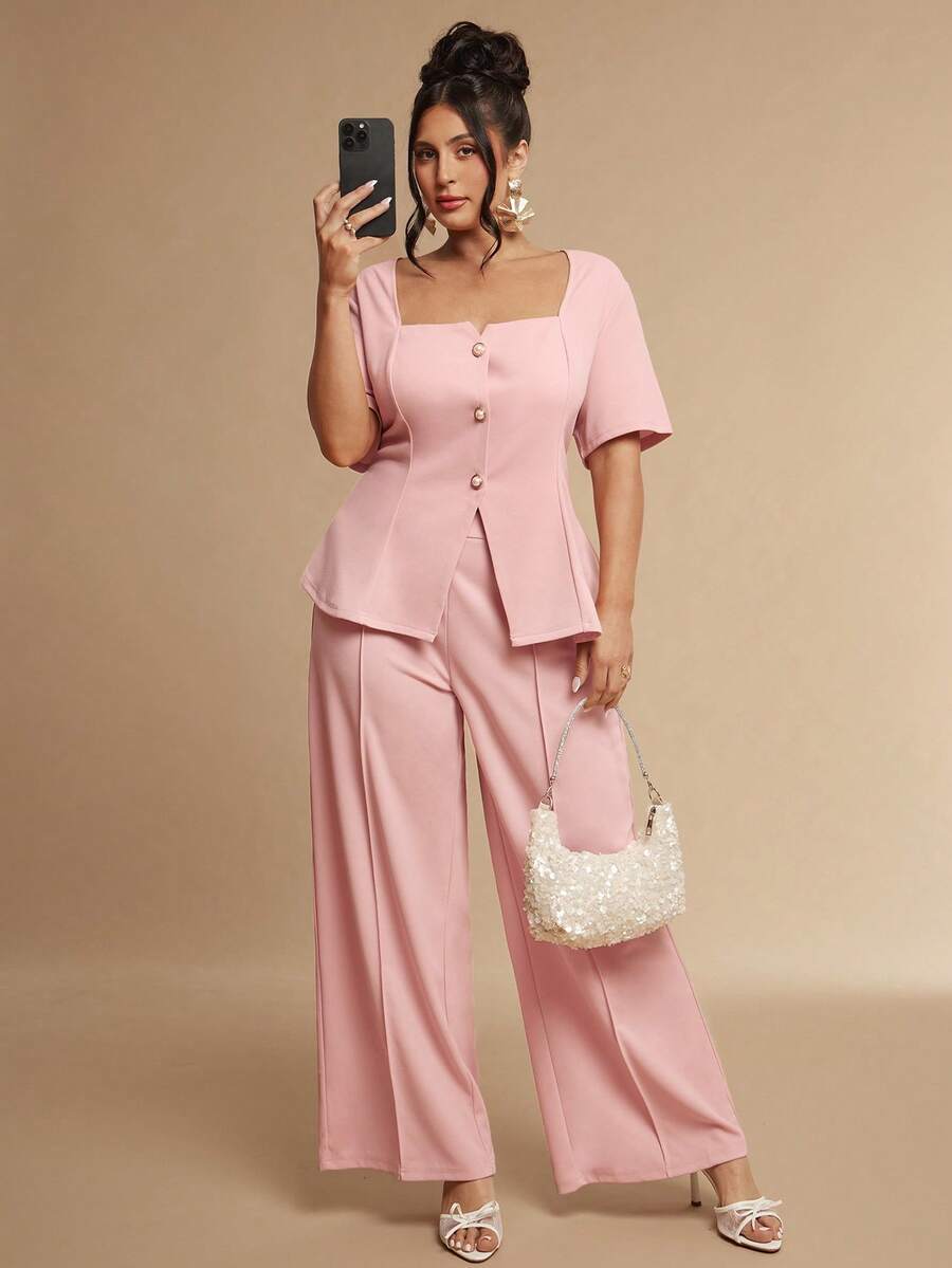 SHEIN BAE CURVE Bộ đồ công sở nữ size lớn gồm áo blazer ngắn tay đính cúc ngọc trai giả và quần ống đứng dáng rộng - Bụi hồng - Xem 1
