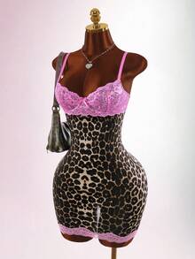 Amplova Women's Summer Sexy Lace Patchwork Leopard Print Fitted Mini Dress - Brown - View 3