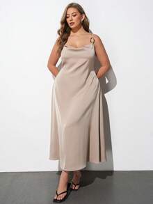 Maija Plus Size Champagne Cowl Neck Spaghetti Strap Metal Buckle Fitted Flared Satin Sateen Slip Dress, Modern Vacation Casual Low-Key Old Money Style Luxury Cruise Wear, Middle East Minimalist Quiet Luxury Textured Essential Outfit, Fashion Business Casual Urban Women's Office Wear, City Commute High Quality Airport Outfit, All Season Versatile Vacation Clothing - Apricot - View 4