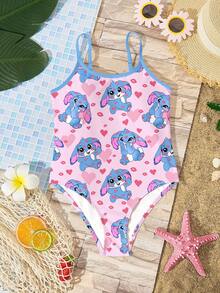 Cute Pink Heart Lip Print Cartoon Blue Rabbit Lulu, Tween Girl Casual Simple Colorful Pattern Camisole One-Piece Swimsuit Suitable For Summer - Multicolor - View 1