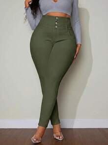 SHEIN SXY Celana Jeans Skinny Pinggang Tinggi dengan Kancing dan Kantong untuk Wanita Ukuran Plus - Hijau Tentara - View 5