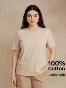 Anewsta Spring/Summer Minimalist Solid Color All-Match Versatile Plus Size Short Sleeve Comfortable Casual 100% Pure Cotton Women's Plus Size T-Shirt - Apricot - View 3