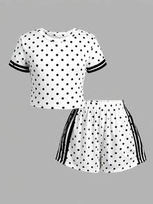 SHEIN 青少年女孩休閒日常基本款圓領黑白波點修身T恤上衣與短褲套裝 - 黑與白 - 查看 5