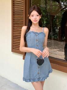 DAZY Women's Summer Frill Trim Patchwork Short Camisole Dress Sexy Casual Denim Dress Y2K - Light Wash - View 7