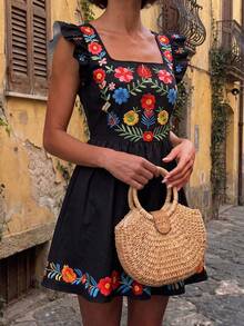 SHEIN Clasi Women's Square Neck Short Dress Fashion Faux Embroidery Printed Ruffle Hem Design Summer Daily Commute Travel Vacation Black Floral Old Money - Black - View 5