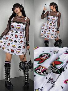 Whyspr THE POWERPUFF GIRLS X SHEIN Đầm yếm màu tím nhạt hợp tác dành cho nữ cỡ lớn mùa hè, kiểu dáng ngọt ngào, dáng chữ A. - Nhiều màu - Xem 1