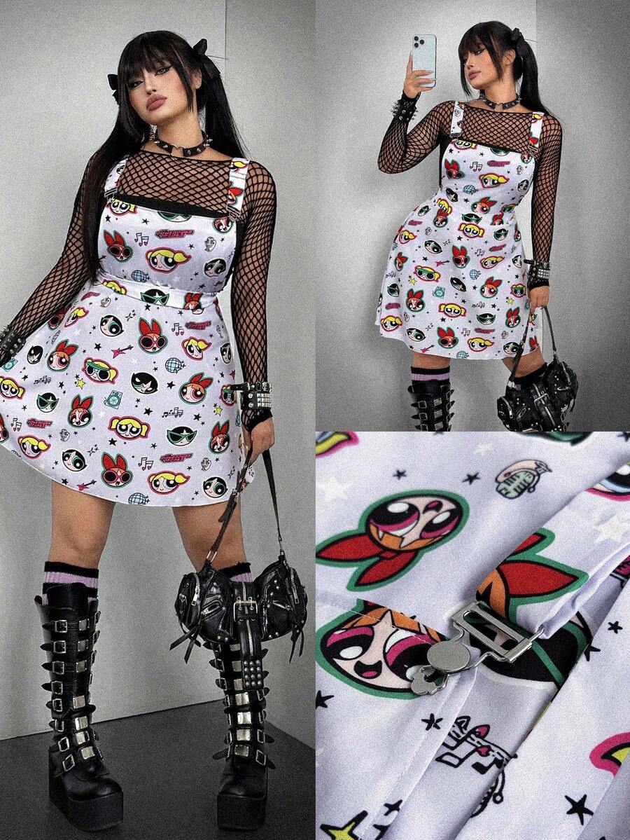 Whyspr THE POWERPUFF GIRLS X SHEIN Đầm yếm màu tím nhạt hợp tác dành cho nữ cỡ lớn mùa hè, kiểu dáng ngọt ngào, dáng chữ A. - Nhiều màu - Xem 1