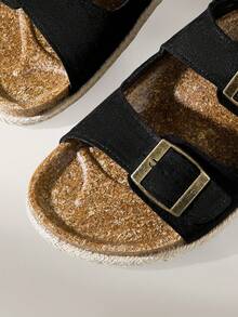 Solecia Sandalias de mujer primavera y verano nuevas con diseño de doble hebilla, punta abierta, suela plana, cómodas y ligeras, fáciles de poner, con borde tejido, color negro, estilo casual para vacaciones y playa - Negro - Ver 6