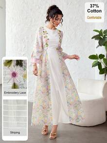 SHEIN Najma Đầm xòe bằng chiffon phối họa tiết hoa trang nhã, màu trơn, viền ren ở eo, khóa kéo, tay lỡ 3/4, chất liệu vải patchwork, dành cho nữ. - Nhiều màu - Xem 7