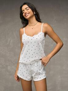 SHEIN Casual Underwear&Sleepwear Conjunto de Pijama Feminino, Tecido de Malha Canelada, Estampa de Coração Patchwork com Acabamento em Renda, Romântico, Doce, Fofo, Sexy, Camiseta e Shorts - Branco - Visão 5