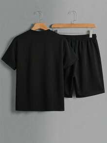 Manfinity Homme 男士加大码黑色圆领短袖T恤套装，简约字母印花，休闲通勤运动风，夏季 - 黑色 - 查看 2