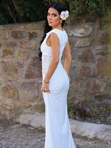 AfricaSnchz New Summer Women Elegant Graceful Ladylike Holiday & Travel Romantic Date White Sleeveless Waist Sheer Mesh Ruffle Fishtail Dress, All White Party Outfit Women - White - View 7