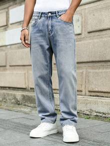 EGENSIO Celana Jeans Kasual Pria Model Washed untuk Komuter, Warna Biru Muda, Musim Gugur - Light Wash - View 3