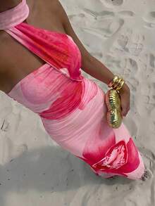 Aloruh Gaun Panjang Tanpa Lengan Satu Bahu Motif Bunga untuk Wanita, Cocok untuk Liburan - Baby Pink - View 6