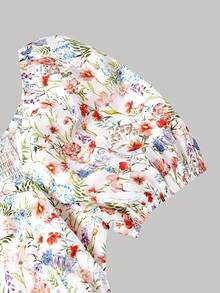 SHEIN MOD 泡泡袖花卉方領中長洋裝 - 彩色 - View 7