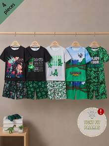 SHEIN 男童修身圆领短袖短裤，绿色恐龙夜光印花，采用舒适弹力面料，适合春夏男童休闲穿着 - 黑色 - 查看 1