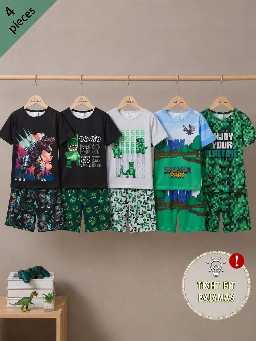 SHEIN 男童修身圆领短袖短裤,绿色恐龙夜光印花,采用舒适弹力面料,适合春夏男童休闲穿着 - 黑色 - 查看 1