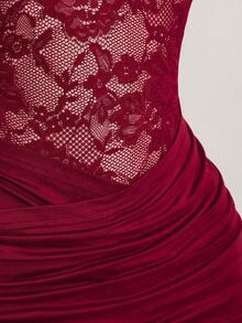 SHEIN ICON Plus Size V-Neck Halter Backless Waist Hollow Lace Patchwork Bodycon Dress - Burgundy - View 9