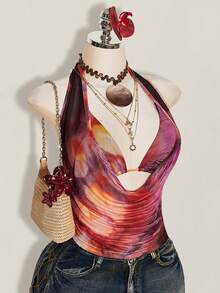 SHEIN ICON Plus Size 2pcs Summer Going Out Beach Hawaii Party Homecoming Concert Club Glitter Backless Women Tank Tops & Camis - Red Violet - View 8