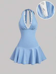 Sweetra Vestido de mezclilla con cuello halter, espalda descubierta y ribete de encaje - Azul - Ver 1