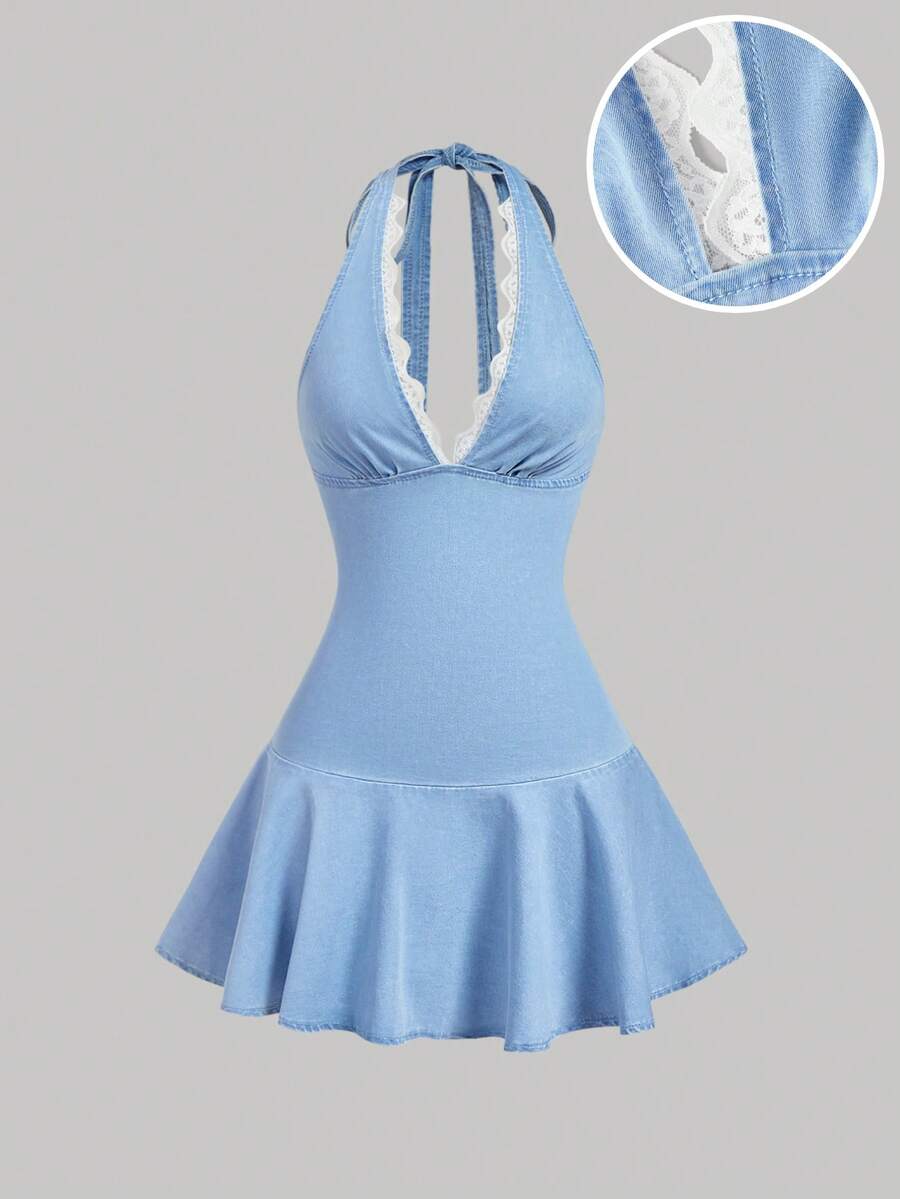 Sweetra Vestido de mezclilla con cuello halter, espalda descubierta y ribete de encaje - Azul - Ver 1