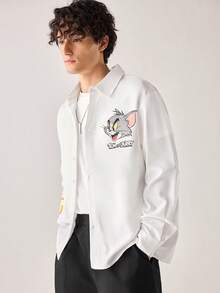 Strevion TOM & JERRY 男士宽松休闲长袖衬衫，饰有简约的汤姆和杰瑞图案印花，适合秋夏季穿着 - 白色 - 查看 4