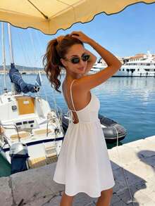 Pariaura Textured Backless Tie Cami Dress Casual A-Line Mini Sundress For Summer Beach Vacation - White - View 3