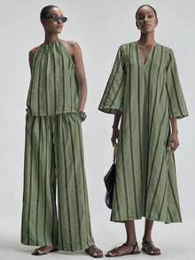Ontre 2026SS新款女款長洋裝，條紋編織面料開衩洋裝，度假風，假日穿搭，節慶服飾，女款洋裝七分袖V領，簡約優雅都市現代百搭通勤教師女款外出穿著夏季假日穿搭女款度假穿搭女款休閒洋裝女款沙灘穿搭長款婚禮賓客洋裝派對洋裝優雅洋裝時尚設計大A字茶會浪漫約會穿搭女裝舒適面料寬鬆版型時尚百搭熱銷女款長洋裝 - 軍綠色 - 查看 3